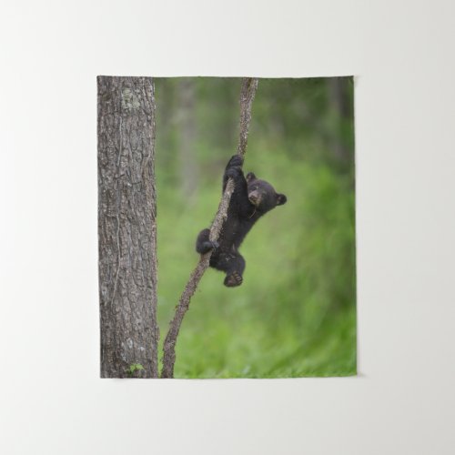 Black Bear Cub playing on Tree Limb Tapestry