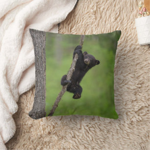 Black Bear Cub playing on Tree Limb Throw Pillow