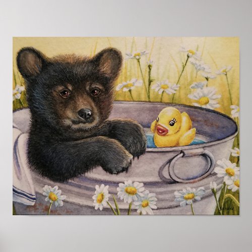 Black Bear Cub Washtub Bath Duck Watercolor 11x14 Poster