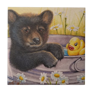 Black Bear Cub Washtub Bath Duck Watercolor Art Ceramic Tile