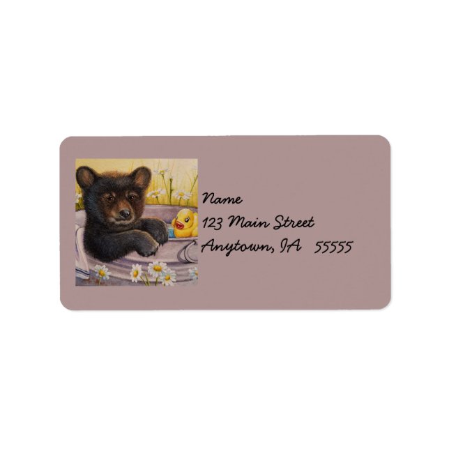 Black Bear Cub Washtub Bath Duck Watercolor Art Label (Front)