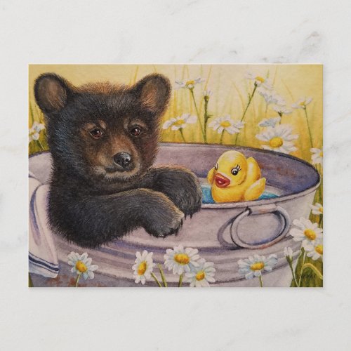 Black Bear Cub Washtub Bath Duck Watercolor Art Postcard