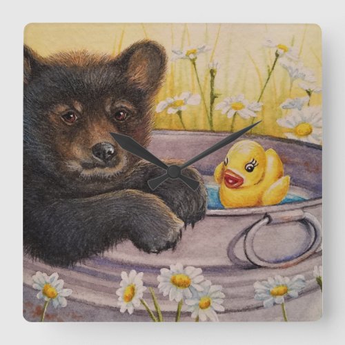 Black Bear Cub Washtub Bath Duck Watercolor Art Sq Square Wall Clock
