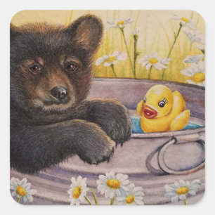 Black Bear Cub Washtub Bath Duck Watercolor Art Square Sticker