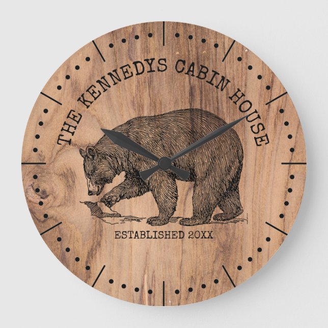 Black Bear Family Name Rustic Wood Cabin House Large Clock (Front)