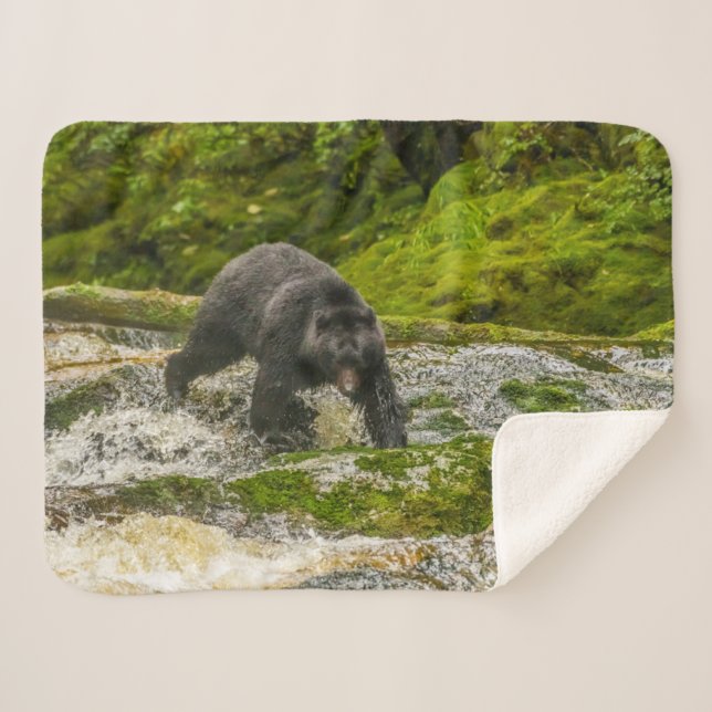Black Bear Fishing | Qua Creek British Columbia Sherpa Blanket (Front (Horizontal))