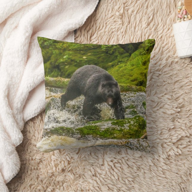 Black Bear Fishing | Qua Creek British Columbia Throw Pillow (Blanket)