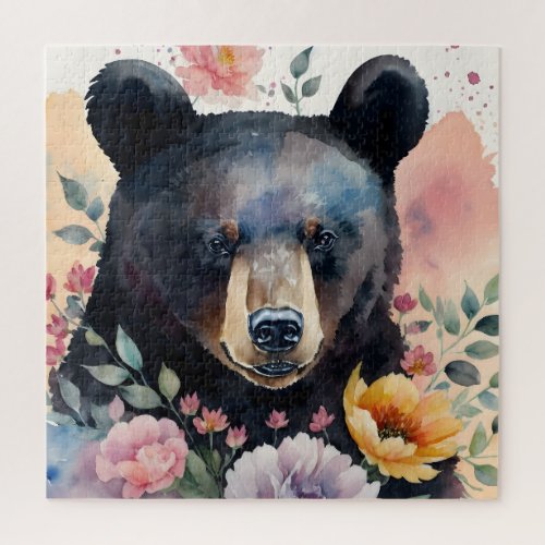 Black Bear Floral Watercolor Portrait Jigsaw Puzzle