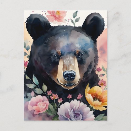 Black Bear Floral Watercolor Portrait Postcard