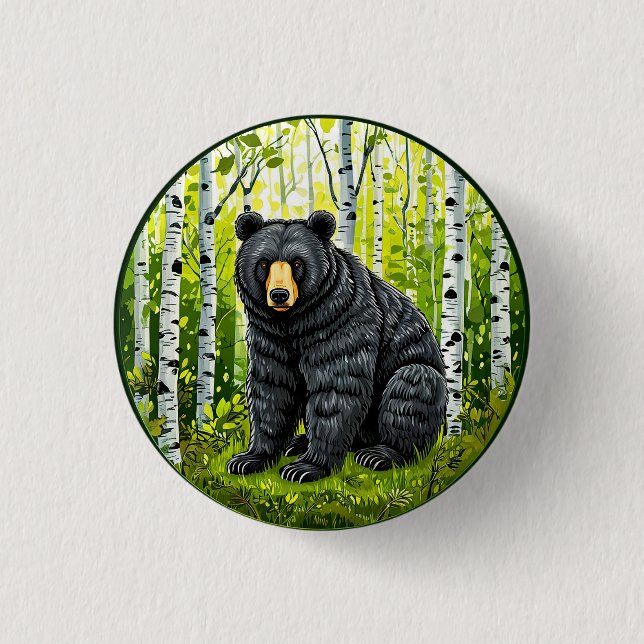 🐻 Black Bear Forest Glow ❄️ Birch Woodland Nature Button (Front)