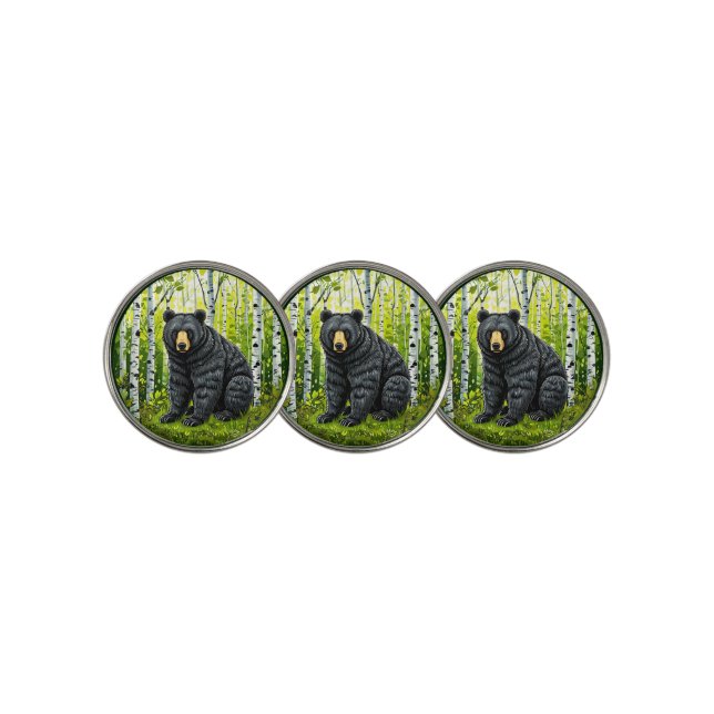 Black Bear in a Birch Forest Golf Ball Marker (3 Up)