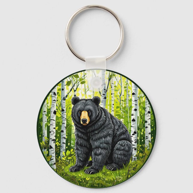 Black Bear in a Birch Forest Keychain (Front)