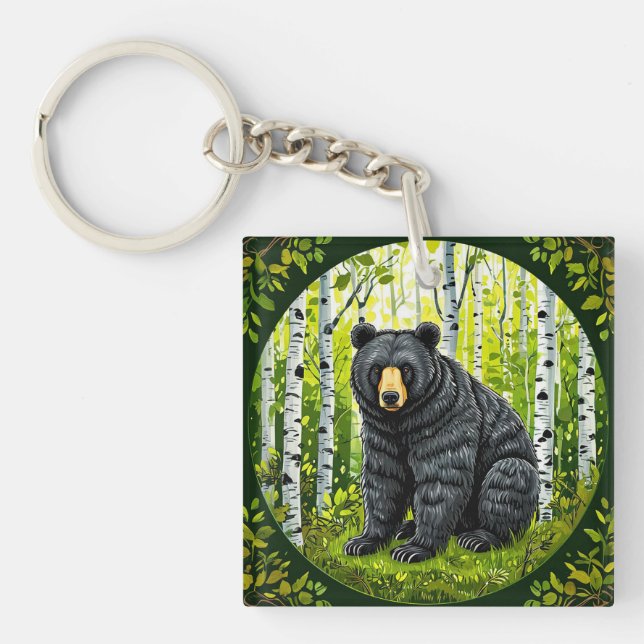 Black Bear in a Birch Forest Keychain (Front)