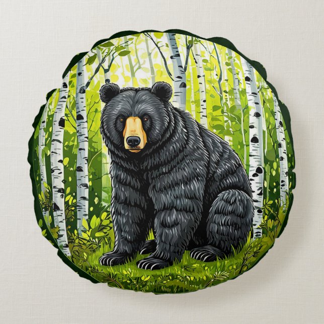 Black Bear in a Birch Forest Round Pillow (Front)