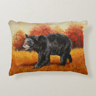 Black Bear in Autumn Forest Accent Pillow