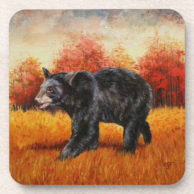 Black Bear in Autumn Forest Beverage Coaster (Front)