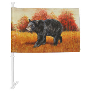Black Bear in Autumn Forest Car Flag