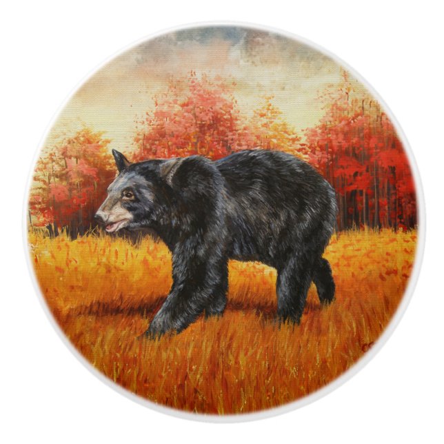 Black Bear in Autumn Forest Ceramic Knob (Front)