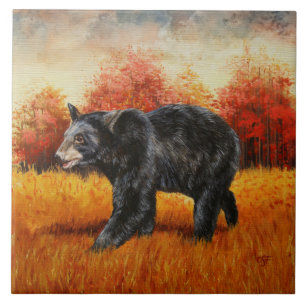 Black Bear in Autumn Forest Ceramic Tile