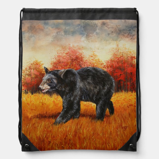 Black Bear in Autumn Forest Drawstring Bag (Front)