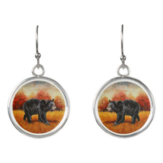 Black Bear in Autumn Forest Earrings