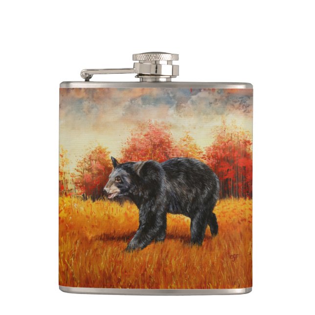 Black Bear in Autumn Forest Flask (Front)