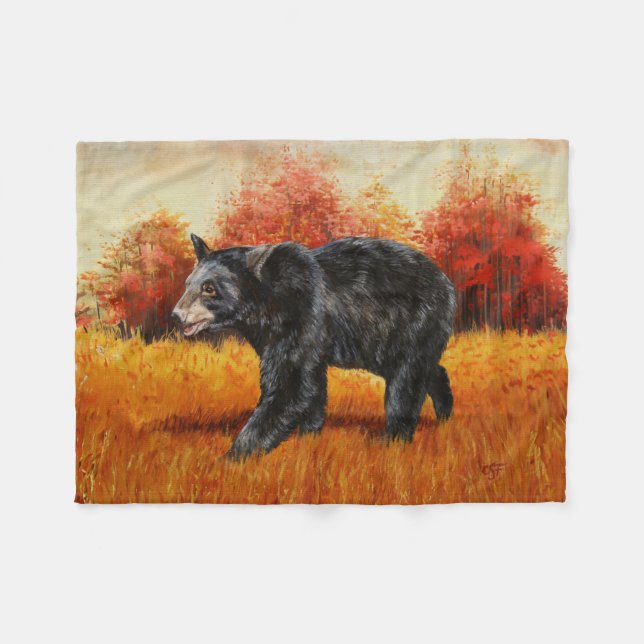 Black Bear in Autumn Forest Fleece Blanket (Front (Horizontal))