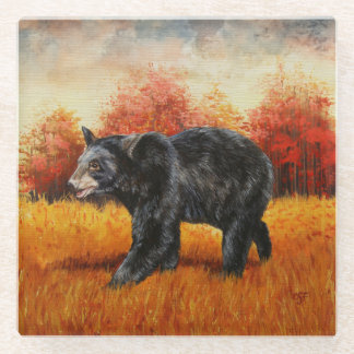 Black Bear in Autumn Forest Glass Coaster