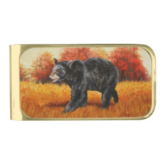 Black Bear in Autumn Forest Gold Finish Money Clip