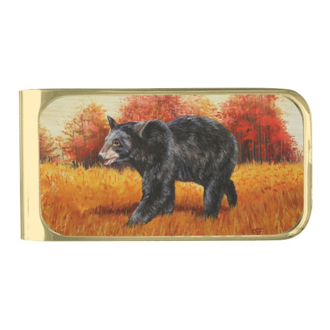 Black Bear in Autumn Forest Gold Finish Money Clip (Front)