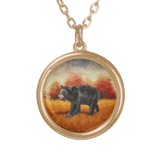 Black Bear in Autumn Forest Gold Plated Necklace