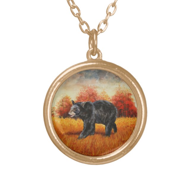 Black Bear in Autumn Forest Gold Plated Necklace (Front)