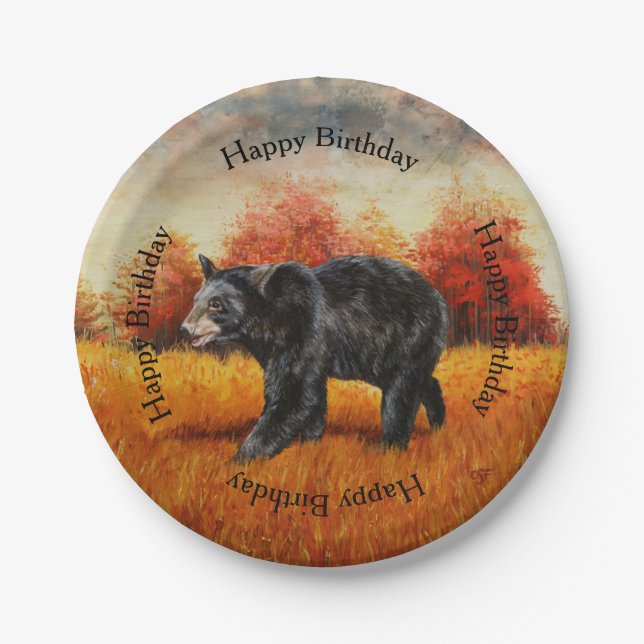 Black Bear in Autumn Forest Paper Plates (Front)