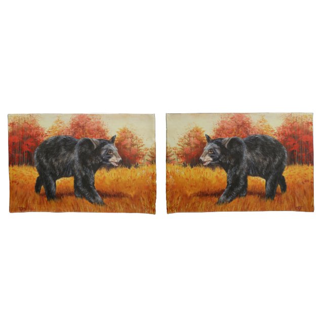 Black Bear in Autumn Forest Pillow Case (Front-Set)
