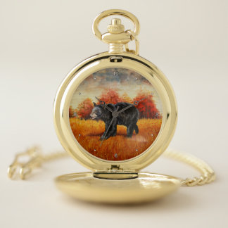 Black Bear in Autumn Forest Pocket Watch