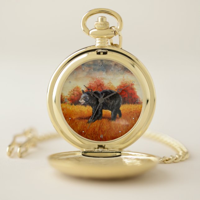 Black Bear in Autumn Forest Pocket Watch (Inside)