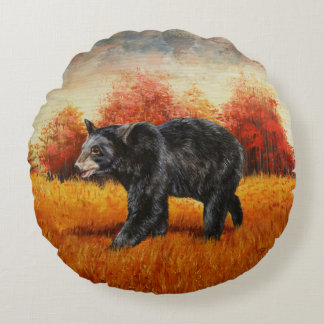 Black Bear in Autumn Forest Round Pillow