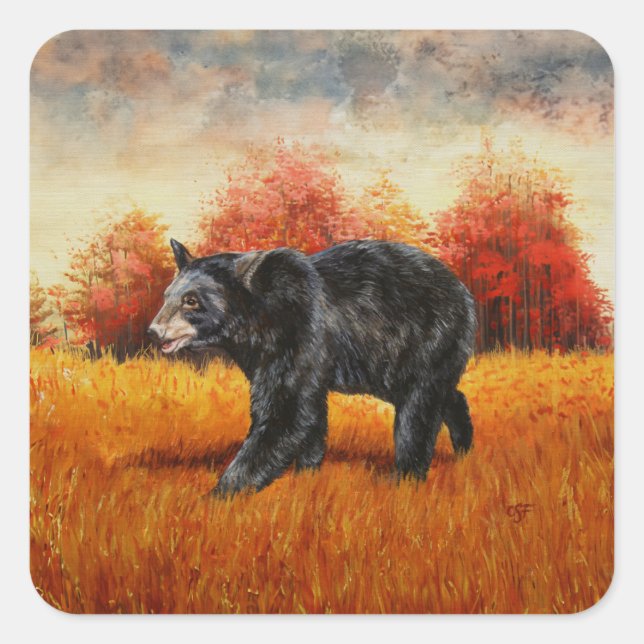 Black Bear in Autumn Forest Square Sticker (Front)