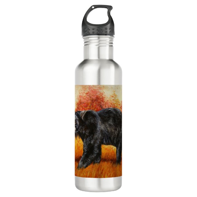Black Bear in Autumn Forest Stainless Steel Water Bottle (Front)