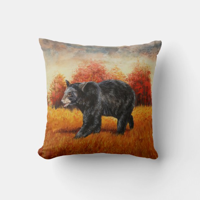 Black Bear in Autumn Forest Throw Pillow (Front)