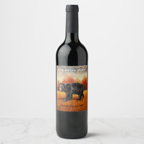 Black Bear in Autumn Forest Wine Label