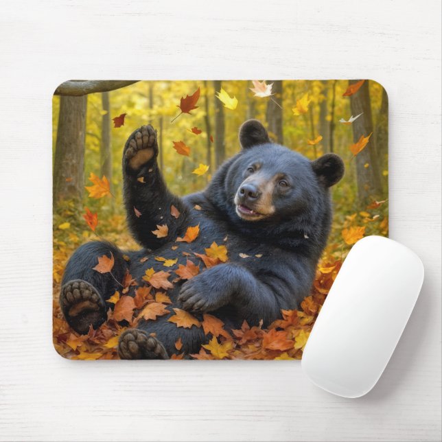 Black Bear In Autumn Leaves Mouse Pad (With Mouse)