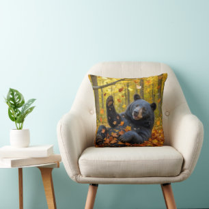 Black Bear In Autumn Leaves Throw Pillow