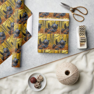 Black Bear In Autumn Leaves Wrapping Paper