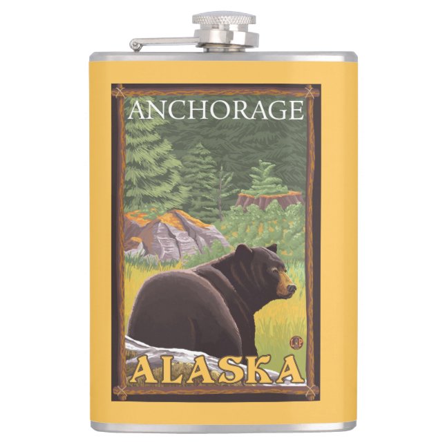 Black Bear in Forest - Anchorage, Alaska Flask (Front)