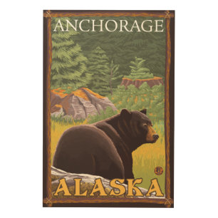 Black Bear in Forest - Anchorage, Alaska Wood Wall Decor