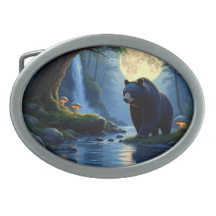 Black bear in forest at night belt buckle