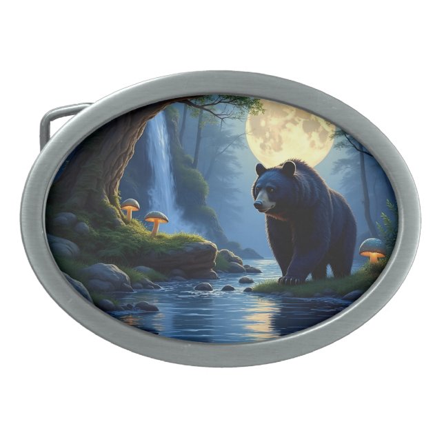 Black bear in forest at night belt buckle (Front)