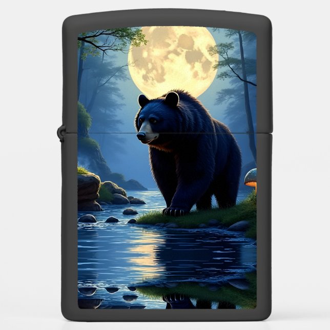 Black bear in forest at night zippo lighter (Front)