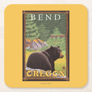 Black Bear in Forest - Bend, Oregon Square Paper Coaster